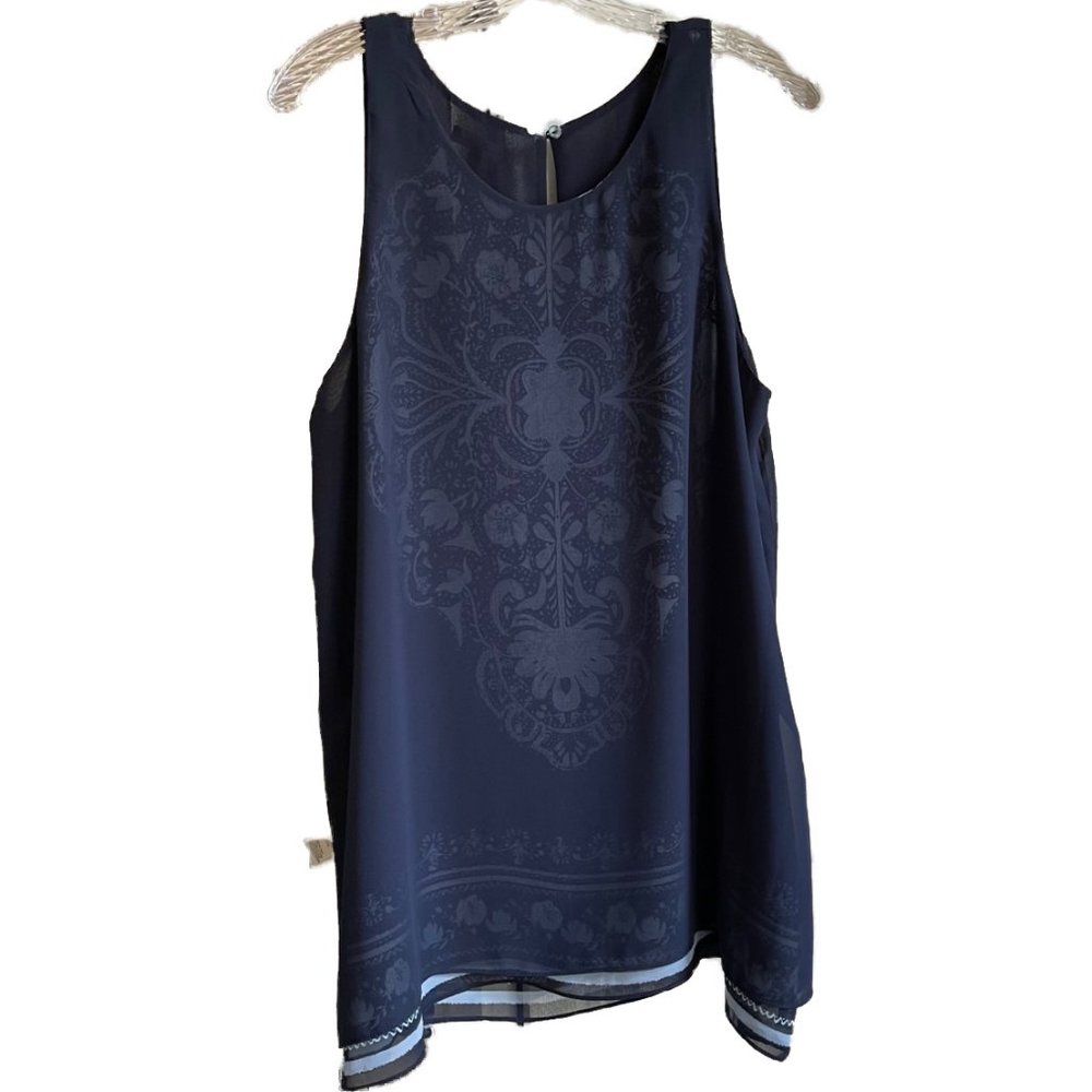 MAX STUDIO Sleeveless Tunic Top Sheer Crepe Navy Light Blue Lined XL - Picture 11 of 12